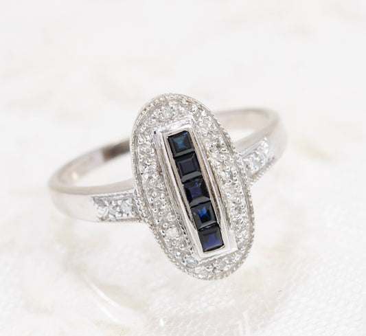 9ct White Gold Natural Sapphire & Diamond Ring Art Deco Design UK Size R In Presentation Box (A1862)