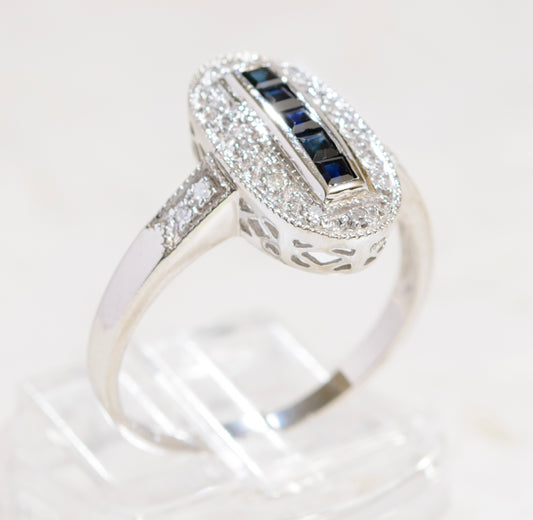 9ct White Gold Natural Sapphire & Diamond Ring Art Deco Design UK Size R In Presentation Box (A1862)