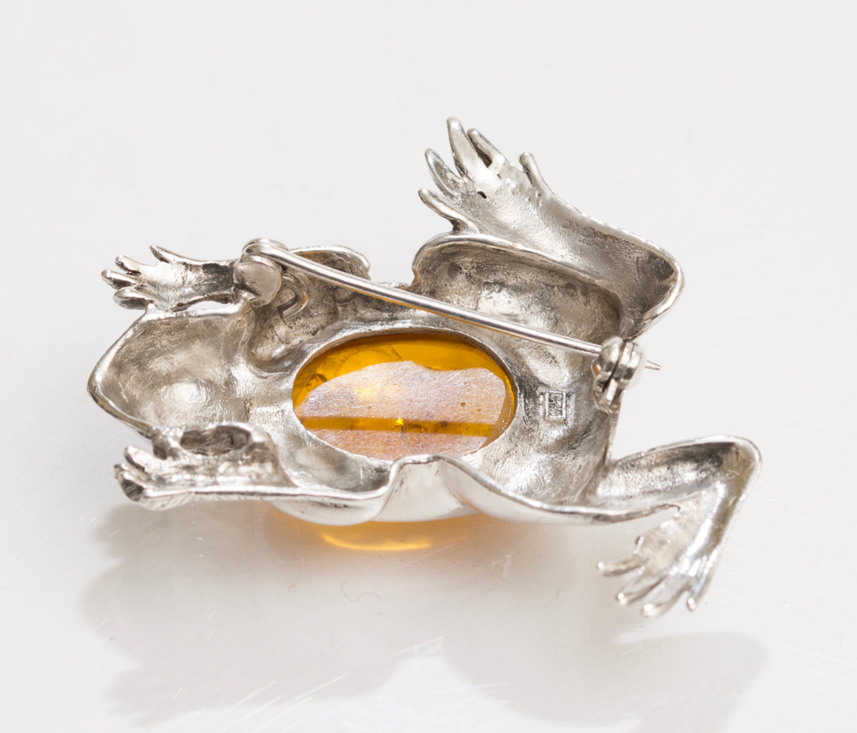 Vintage Large Sterling Silver & Natural Amber Cabochon Frog Brooch/Pin (A1863)