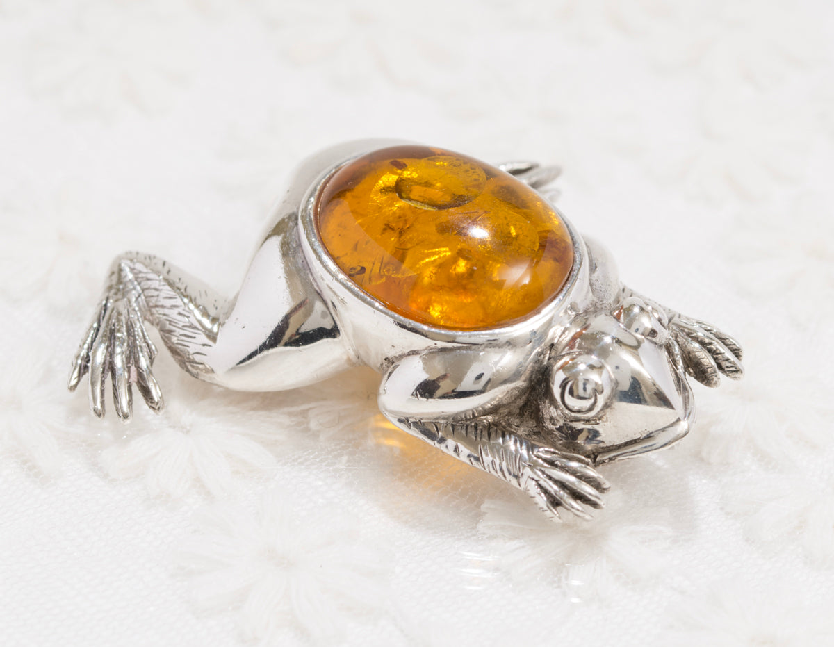 Vintage Large Sterling Silver & Natural Amber Cabochon Frog Brooch/Pin (A1863)