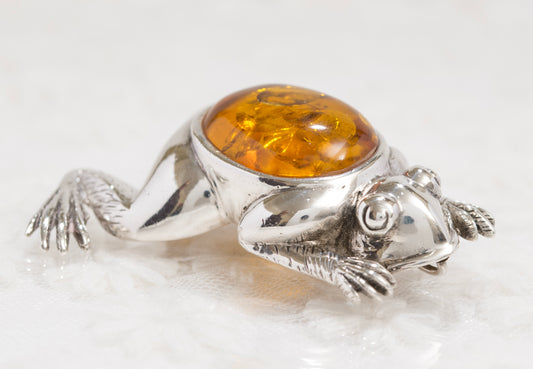 Vintage Large Sterling Silver & Natural Amber Cabochon Frog Brooch/Pin (A1863)