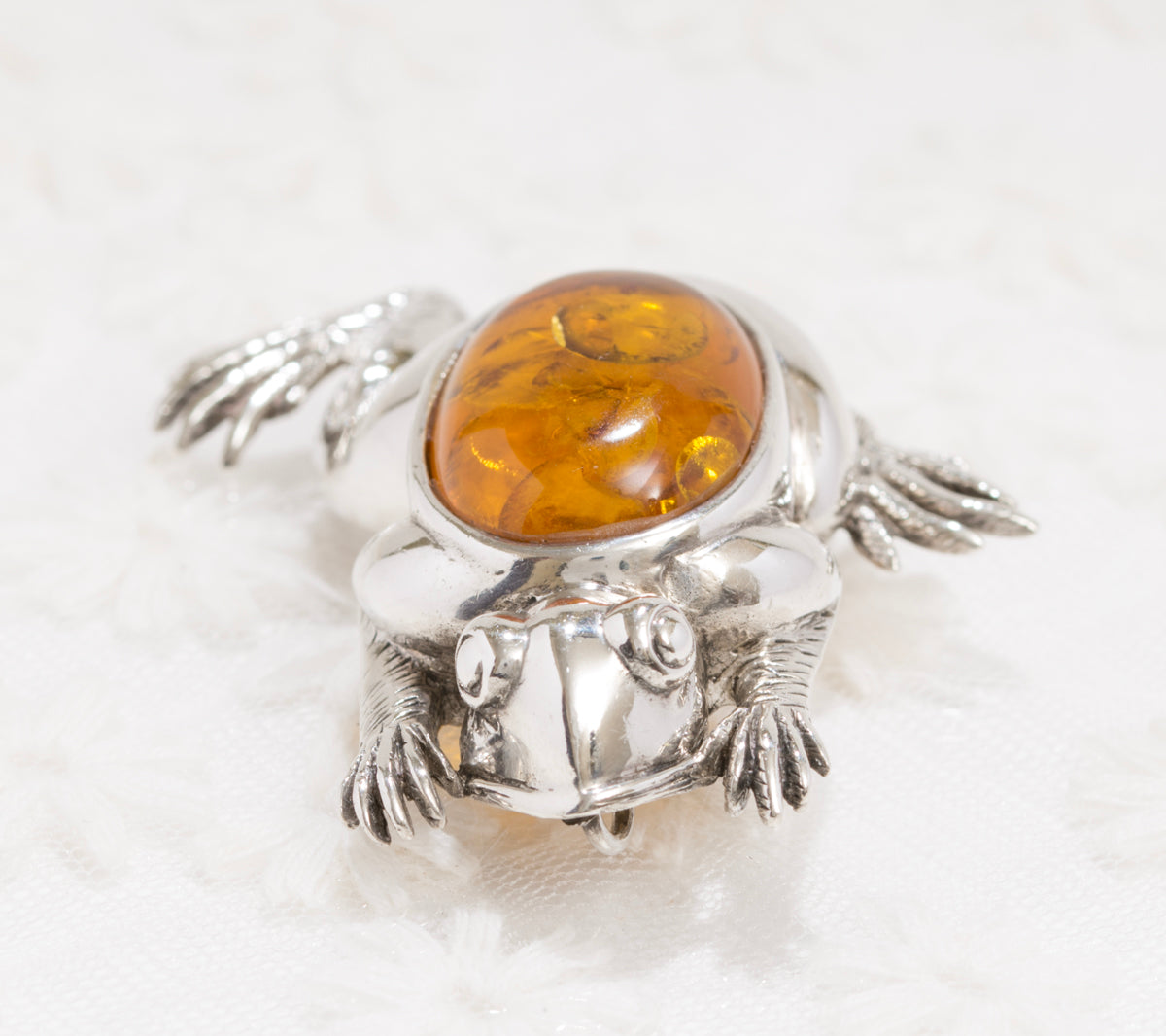 Vintage Large Sterling Silver & Natural Amber Cabochon Frog Brooch/Pin (A1863)