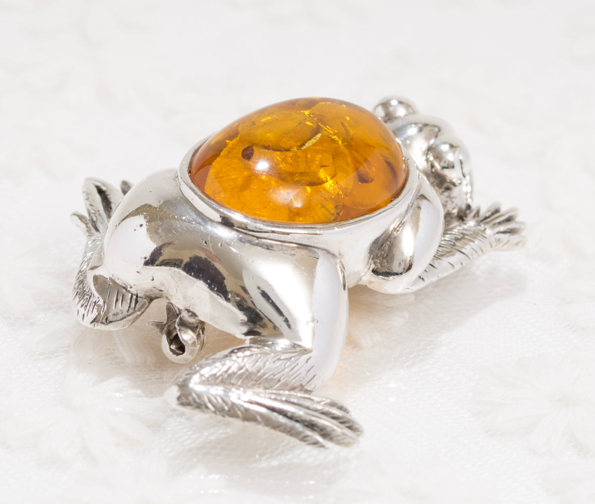 Vintage Large Sterling Silver & Natural Amber Cabochon Frog Brooch/Pin (A1863)