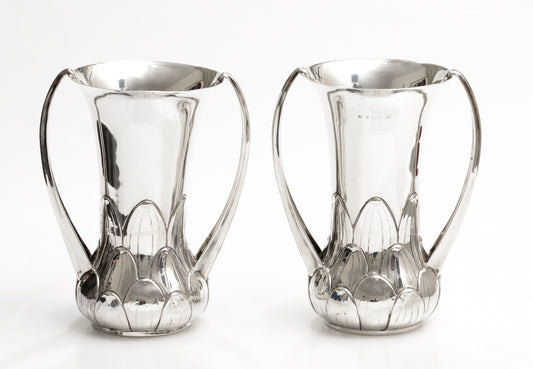 Pair Solid Sterling Silver Art Nouveau Transitional Twin Handled Vases (A1885)