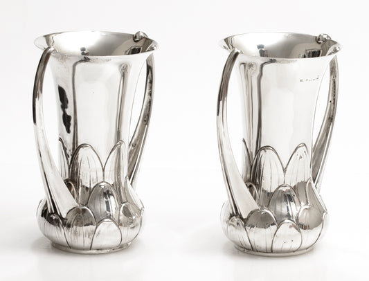 Pair Solid Sterling Silver Art Nouveau Transitional Twin Handled Vases (A1885)