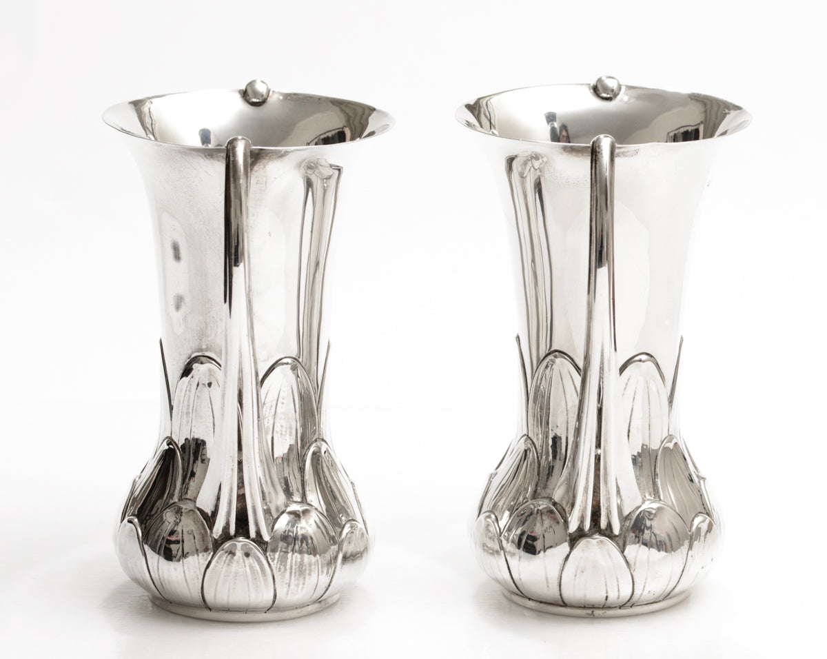 Pair Solid Sterling Silver Art Nouveau Transitional Twin Handled Vases (A1885)