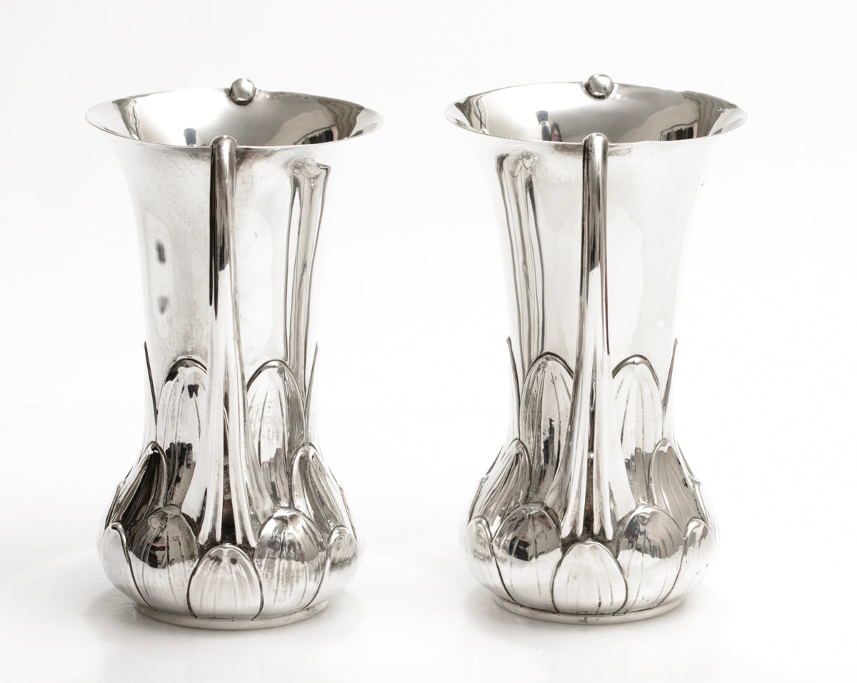 Pair Solid Sterling Silver Art Nouveau Transitional Twin Handled Vases (A1885)