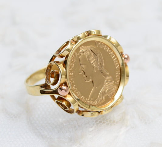 Vintage Austrian 14ct 14k Gold Maria Theresia Thaler Coin Token Ring (A1886)