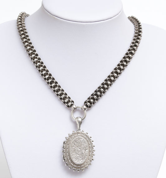 Antique Victorian Book Chain Necklace & Pendant Locket Sterling Silver c.1870 (A1909)