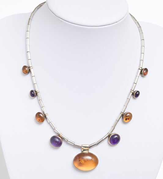 Vintage Sterling Silver Natural Amethyst & Amber Necklace In Crisson Bermuda Box (A1910)