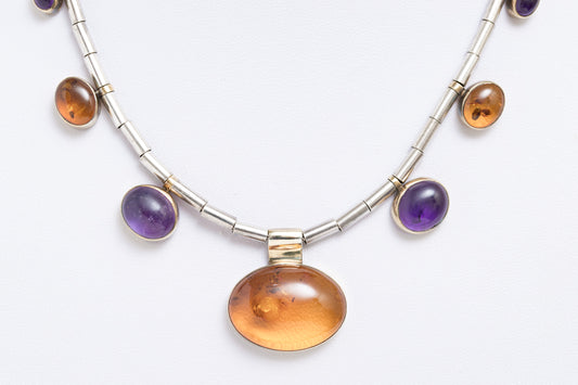 Vintage Sterling Silver Natural Amethyst & Amber Necklace In Crisson Bermuda Box (A1910)