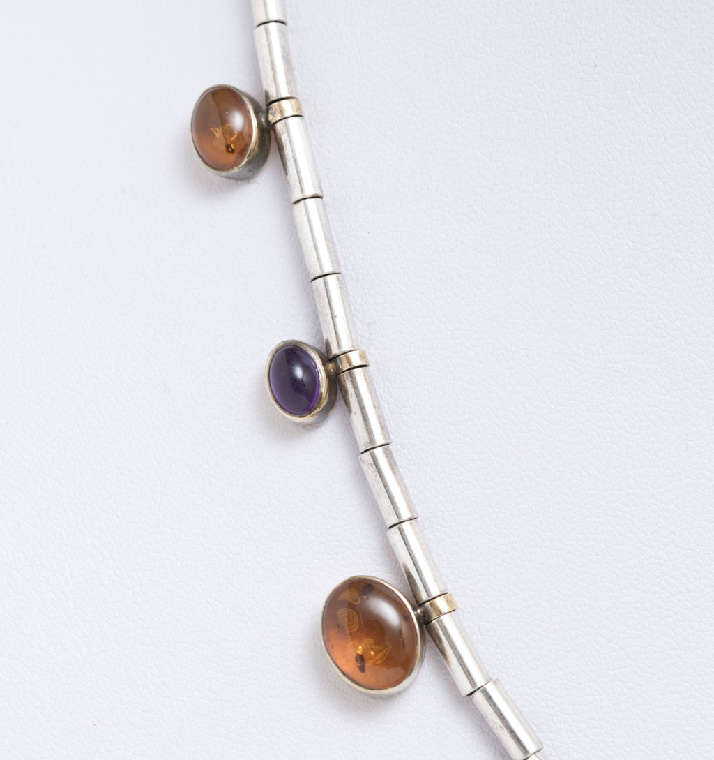 Vintage Sterling Silver Natural Amethyst & Amber Necklace In Crisson Bermuda Box (A1910)