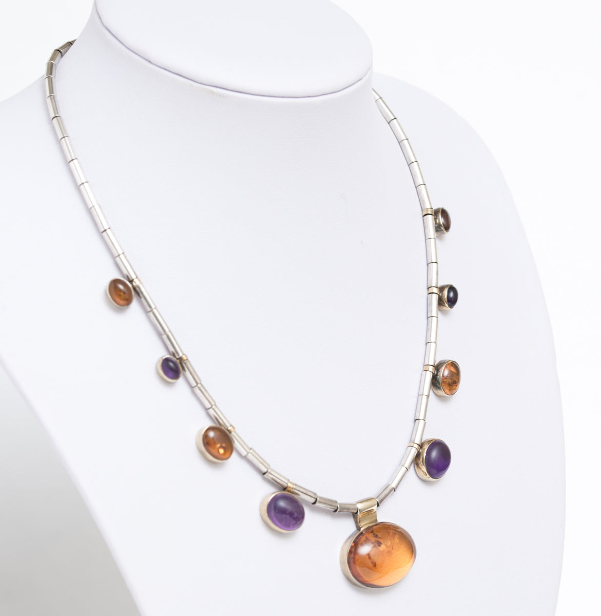 Vintage Sterling Silver Natural Amethyst & Amber Necklace In Crisson Bermuda Box (A1910)