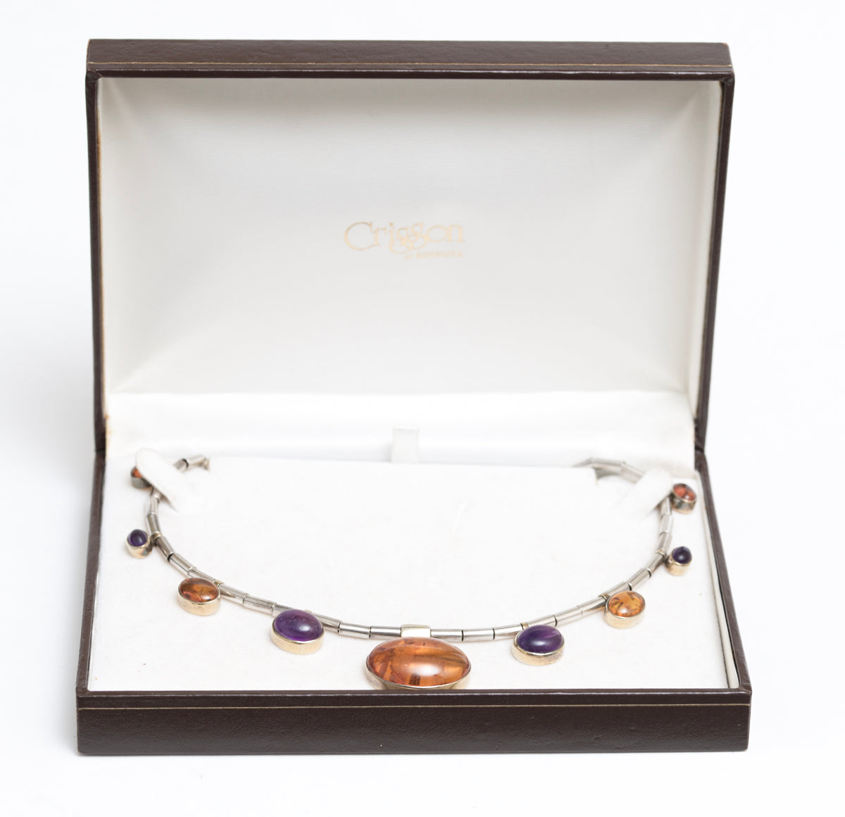 Vintage Sterling Silver Natural Amethyst & Amber Necklace In Crisson Bermuda Box (A1910)