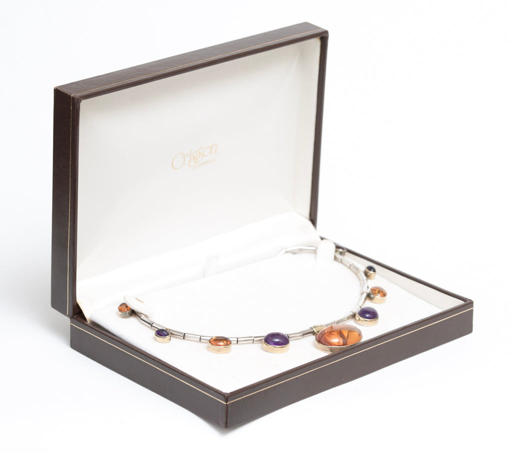 Vintage Sterling Silver Natural Amethyst & Amber Necklace In Crisson Bermuda Box (A1910)