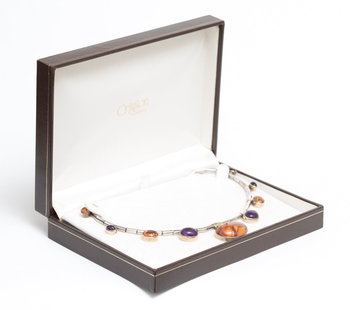 Vintage Sterling Silver Natural Amethyst & Amber Necklace In Crisson Bermuda Box (A1910)
