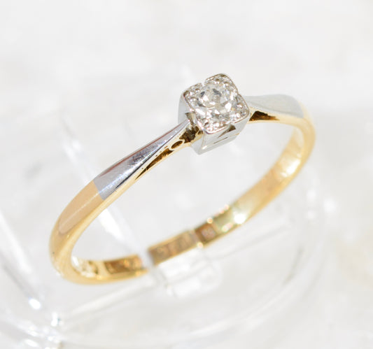 Vintage 18ct Gold & Platinum Diamond Solitaire Ring UK Size N c.1940's (A1915)