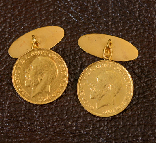 Pair Antique 22ct Gold Half Sovereign Cufflinks Chain & Lozenge Dated 1912 (A1928)