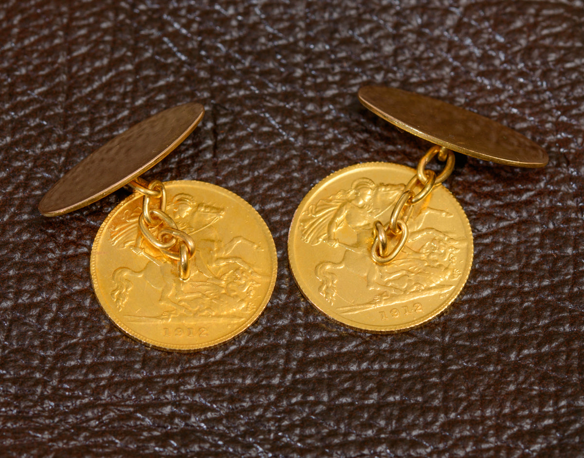Pair Antique 22ct Gold Half Sovereign Cufflinks Chain & Lozenge Dated 1912 (A1928)