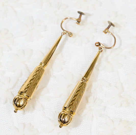 Pair Antique Victorian Long Drop Hollow Earrings In 9ct Yellow Gold Screw Back - Boxed (A1936)
