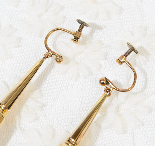 Pair Antique Victorian Long Drop Hollow Earrings In 9ct Yellow Gold Screw Back - Boxed (A1936)