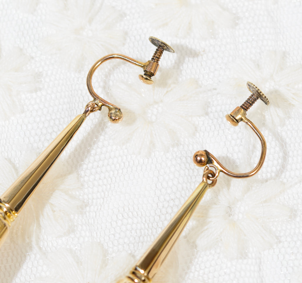 Pair Antique Victorian Long Drop Hollow Earrings In 9ct Yellow Gold Screw Back  - Boxed (A1936)