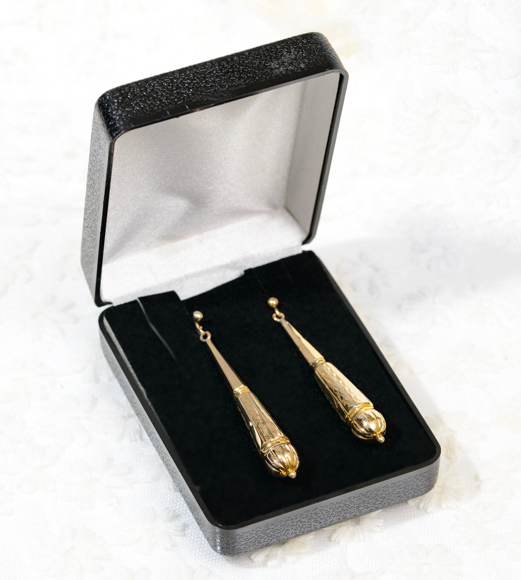 Pair Antique Victorian Long Drop Hollow Earrings In 9ct Yellow Gold Screw Back  - Boxed (A1936)