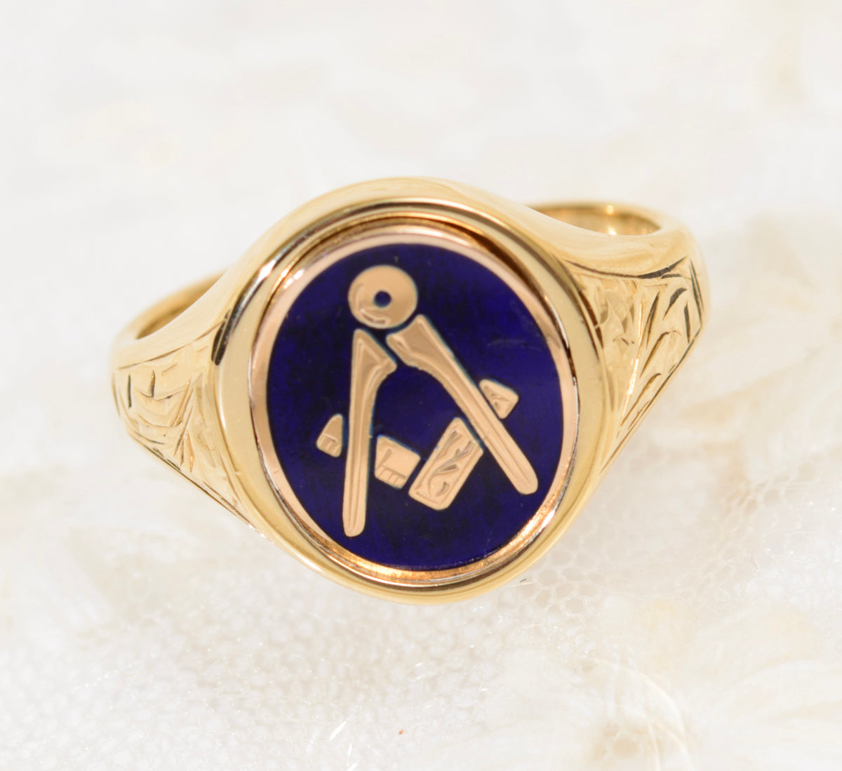 9ct Gold Craft Masonic Signet Ring Reversible Head Square & Compass Blue Enamel (A1940)