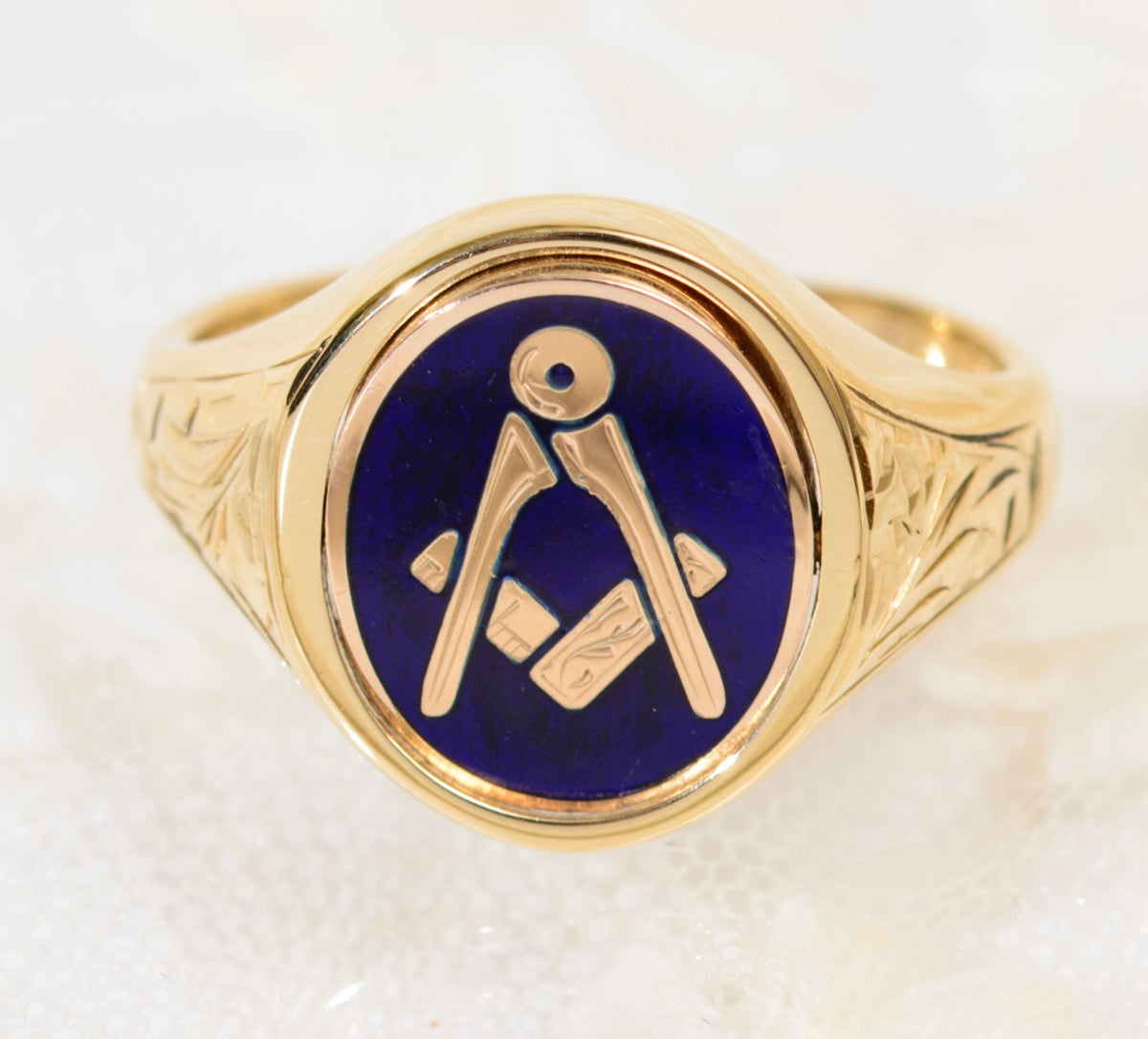 9ct Gold Craft Masonic Signet Ring Reversible Head Square & Compass Blue Enamel (A1940)