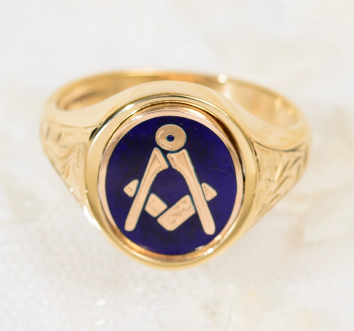 9ct Gold Craft Masonic Signet Ring Reversible Head Square & Compass Blue Enamel (A1940)