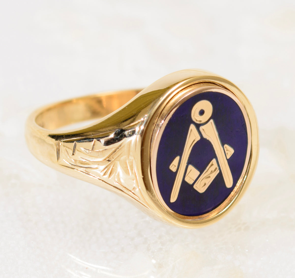 9ct Gold Craft Masonic Signet Ring Reversible Head Square & Compass Blue Enamel (A1940)