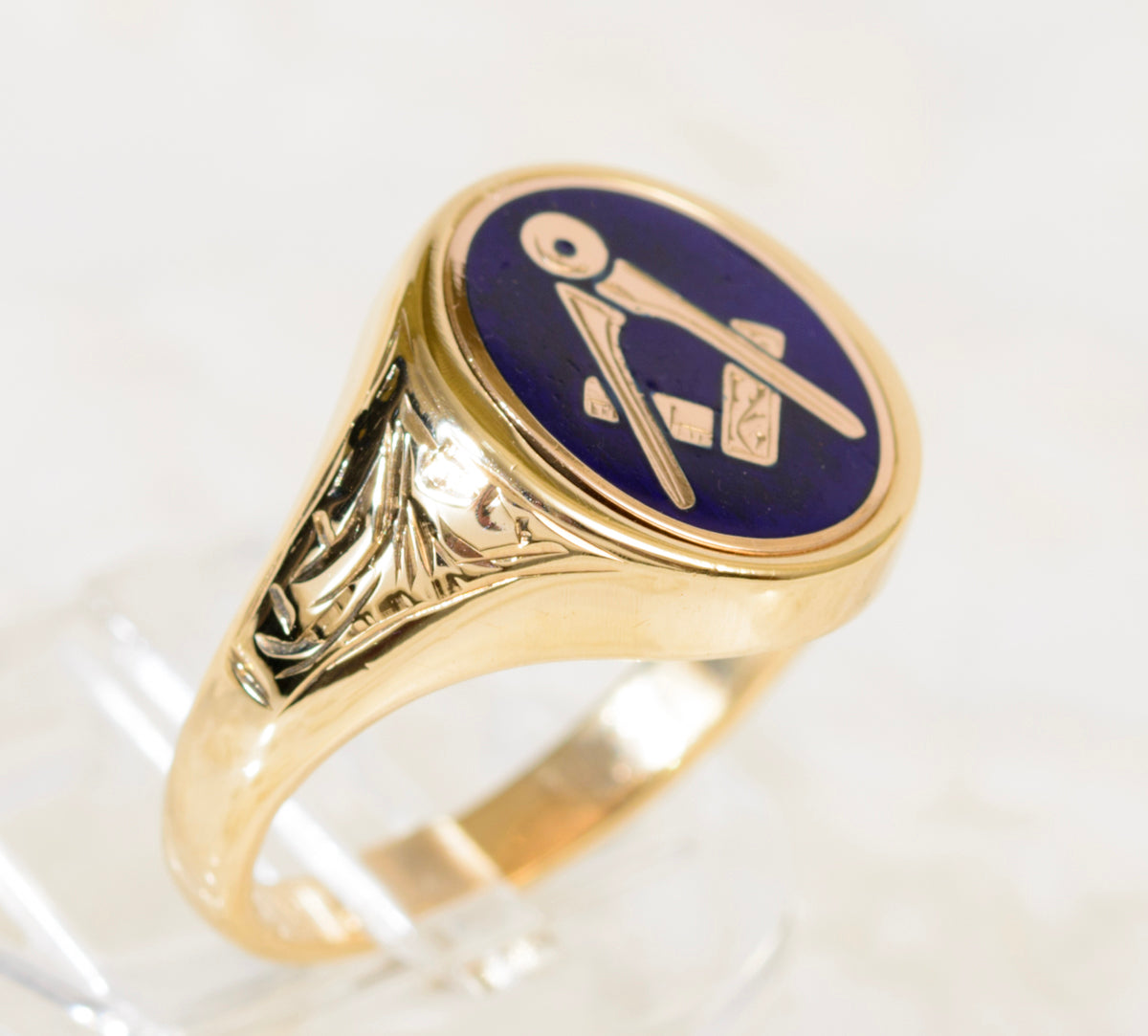 9ct Gold Craft Masonic Signet Ring Reversible Head Square & Compass Blue Enamel (A1940)
