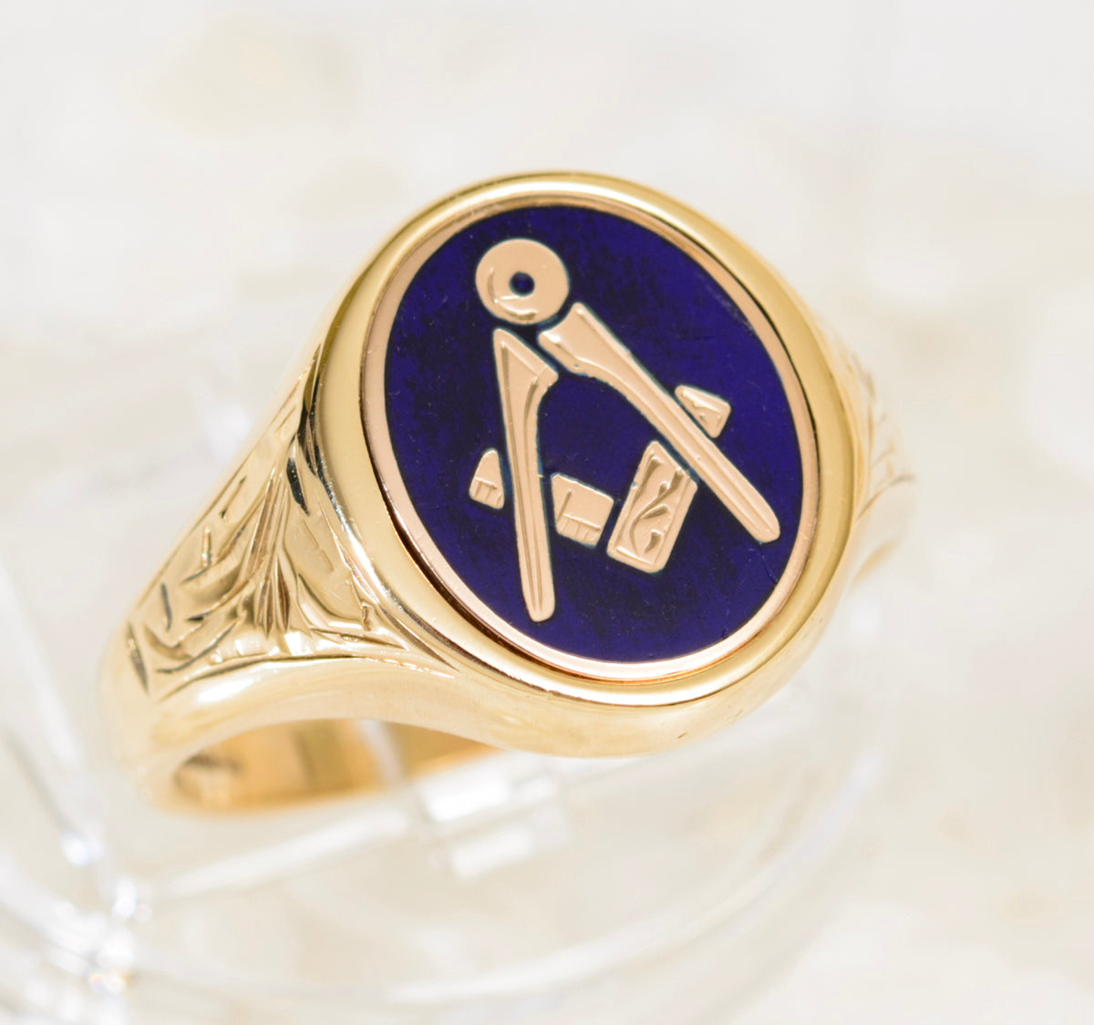 9ct Gold Craft Masonic Signet Ring Reversible Head Square & Compass Blue Enamel (A1940)