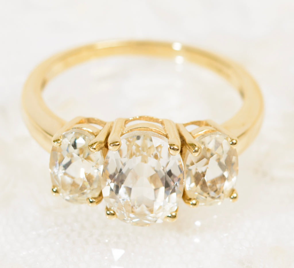 9ct Gold Dress Ring Canary Kunzite Spodumene Trilogy Gemstones QVC 2007 (A1947)