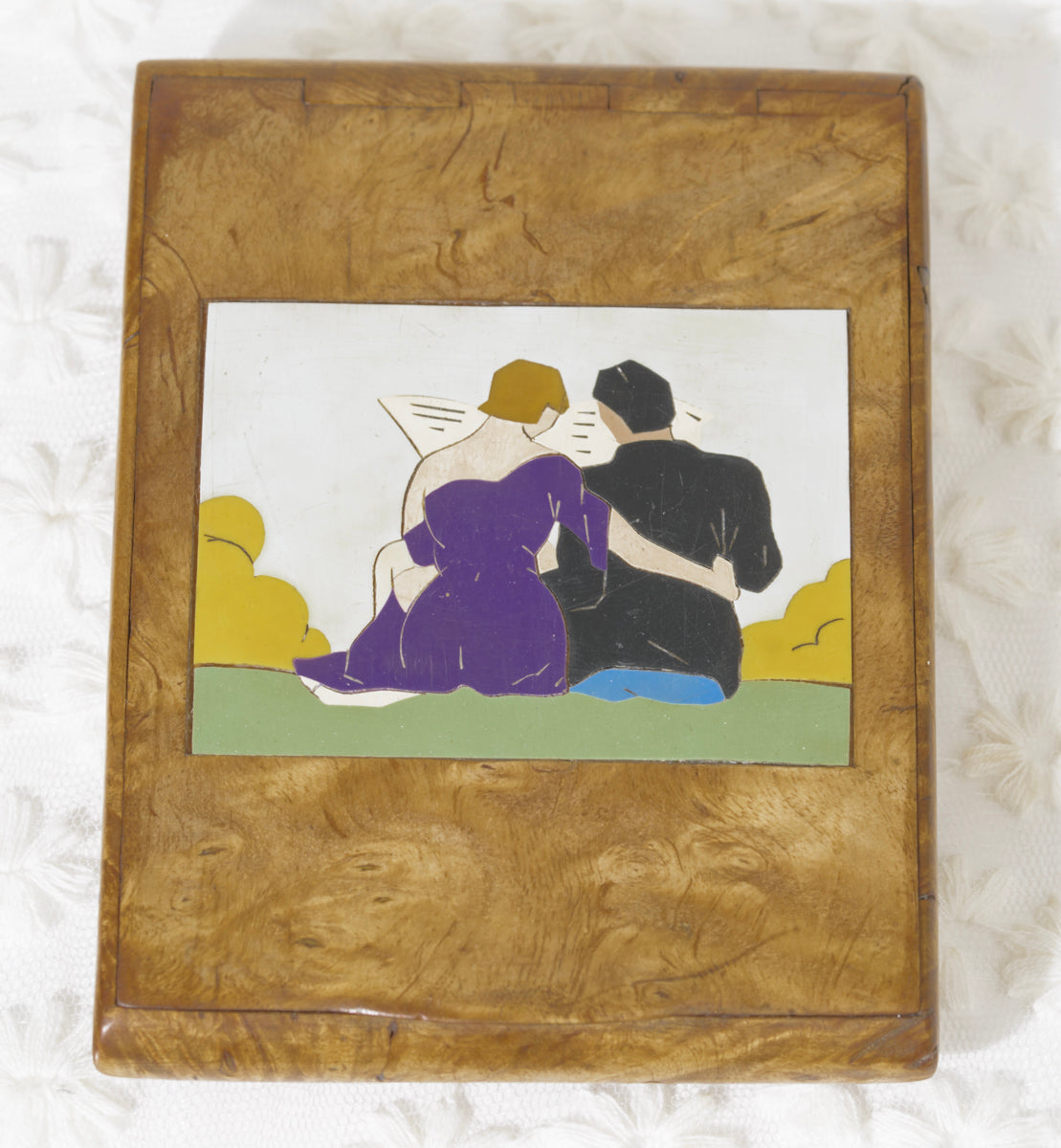 Art Deco Burr Wood Erotic Art Cigar Case With Decorative Panels c.1920 (A1965