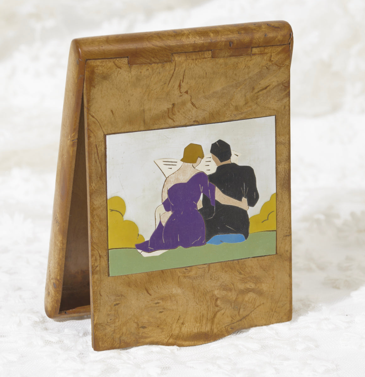 Art Deco Burr Wood Erotic Art Cigar Case With Decorative Panels c.1920 (A1965