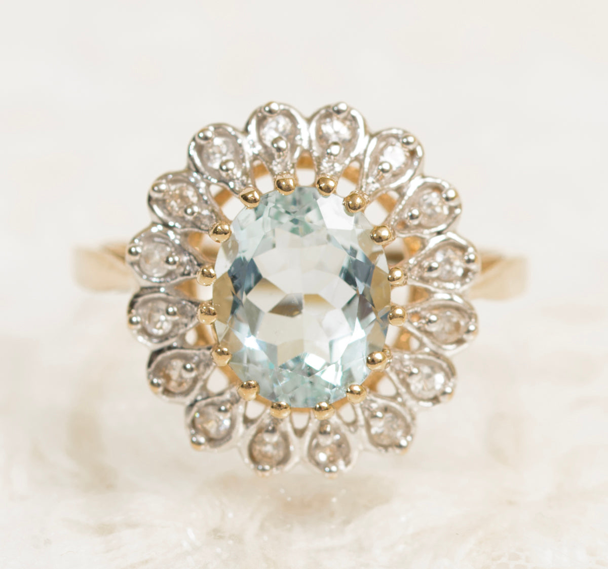 9ct Yellow Gold Ring With Large 2.37 Carat Natural Aquamarine Gemstone With Zircon Halo (A1968)