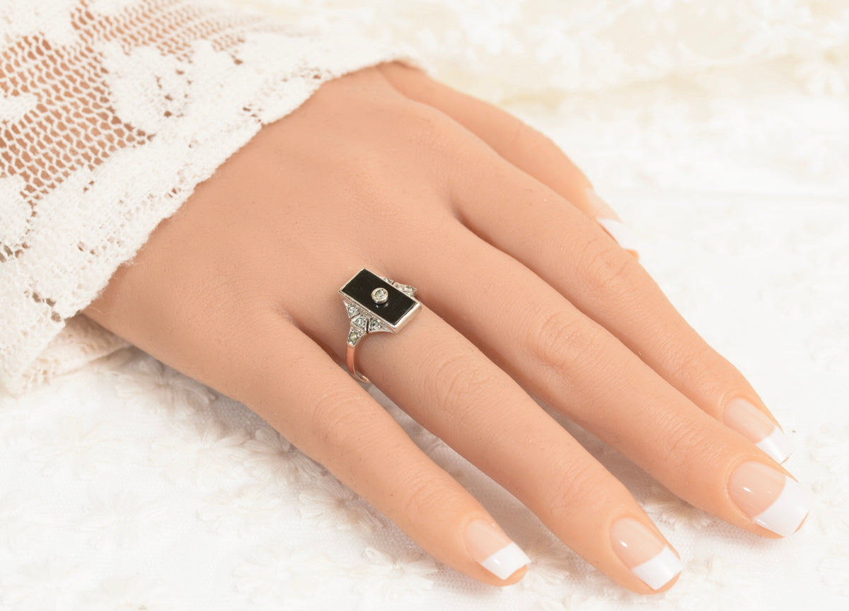 Original Art Deco Ring In 9ct Rose Gold & Silver With Onyx Panel & Paste Gems (A1972)