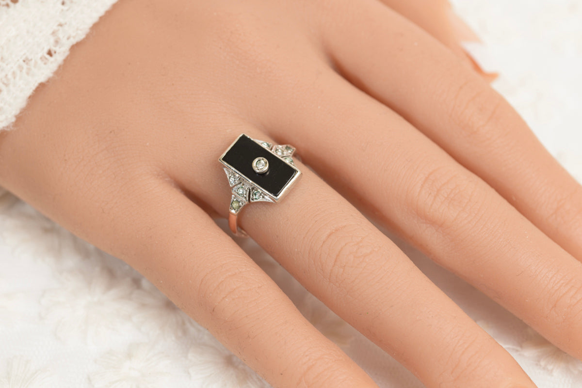 Original Art Deco Ring In 9ct Rose Gold & Silver With Onyx Panel & Paste Gems (A1972)