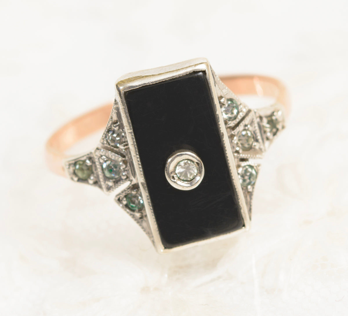 Original Art Deco Ring In 9ct Rose Gold & Silver With Onyx Panel & Paste Gems (A1972)