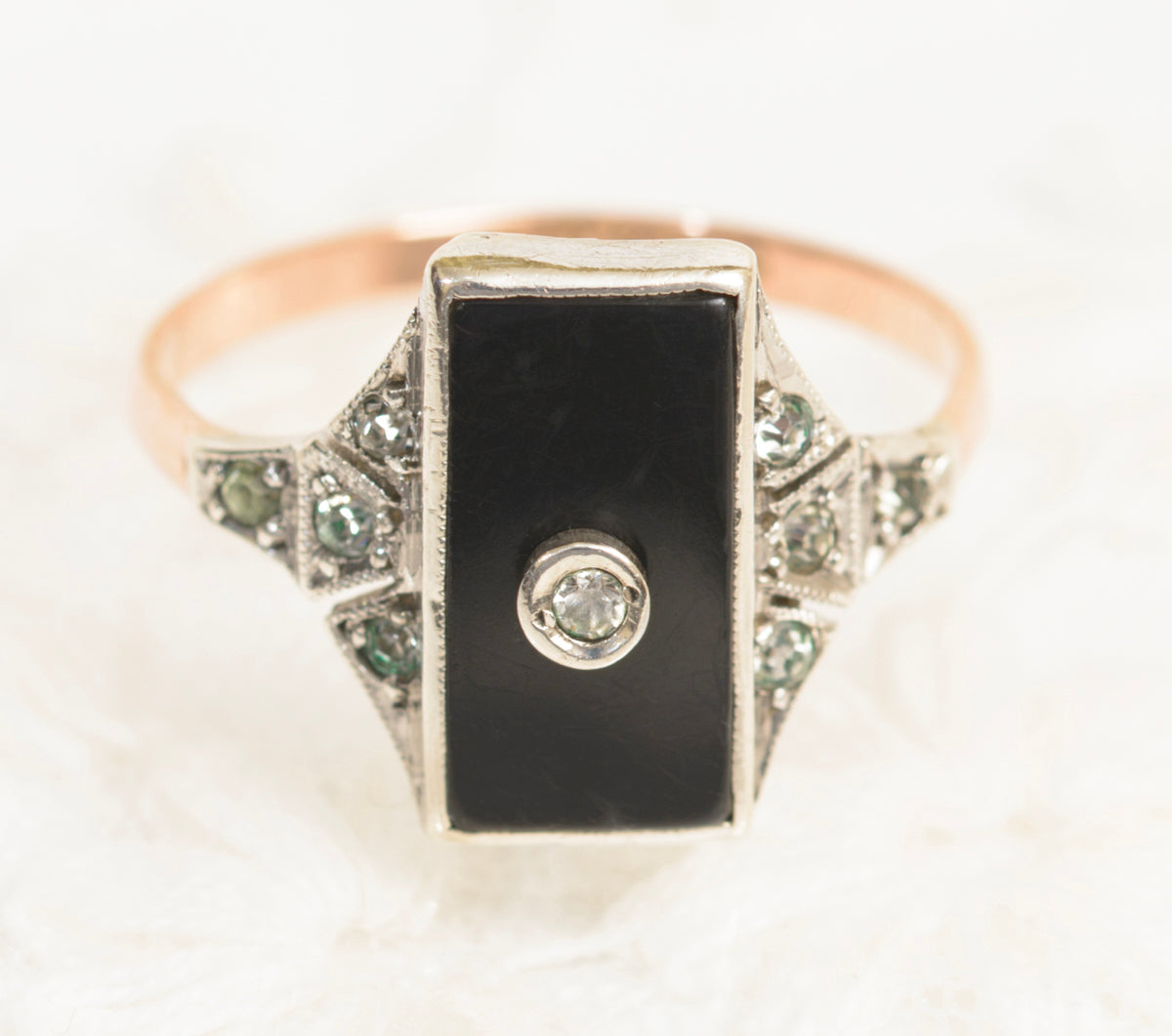 Original Art Deco Ring In 9ct Rose Gold & Silver With Onyx Panel & Paste Gems (A1972)