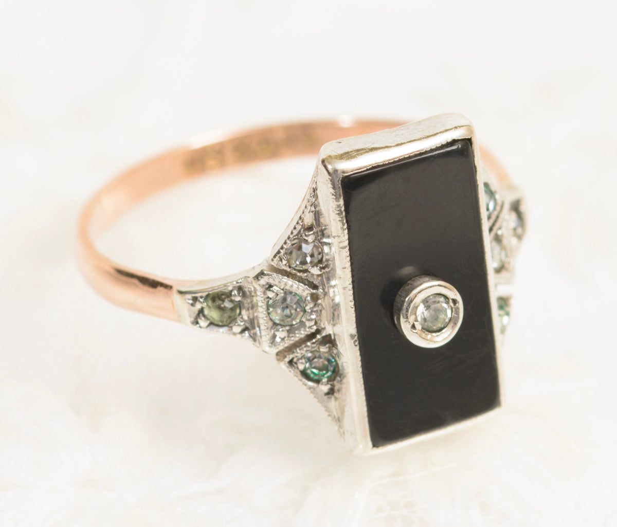 Original Art Deco Ring In 9ct Rose Gold & Silver With Onyx Panel & Paste Gems (A1972)