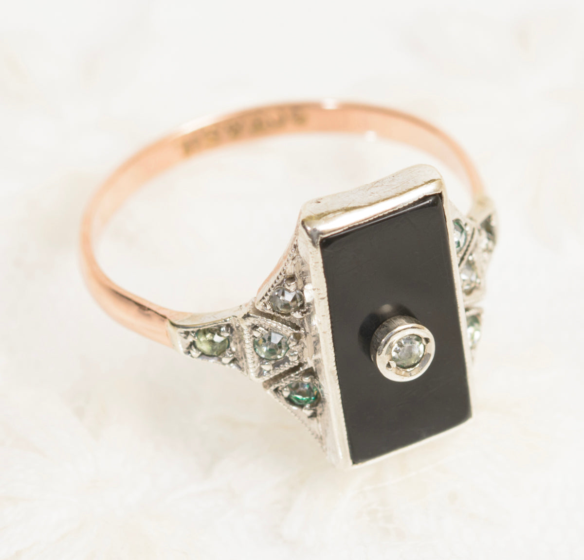 Original Art Deco Ring In 9ct Rose Gold & Silver With Onyx Panel & Paste Gems (A1972)