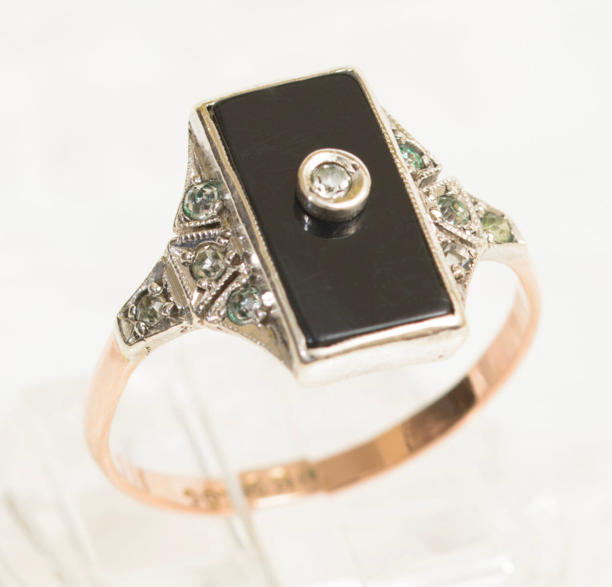 Original Art Deco Ring In 9ct Rose Gold & Silver With Onyx Panel & Paste Gems (A1972)