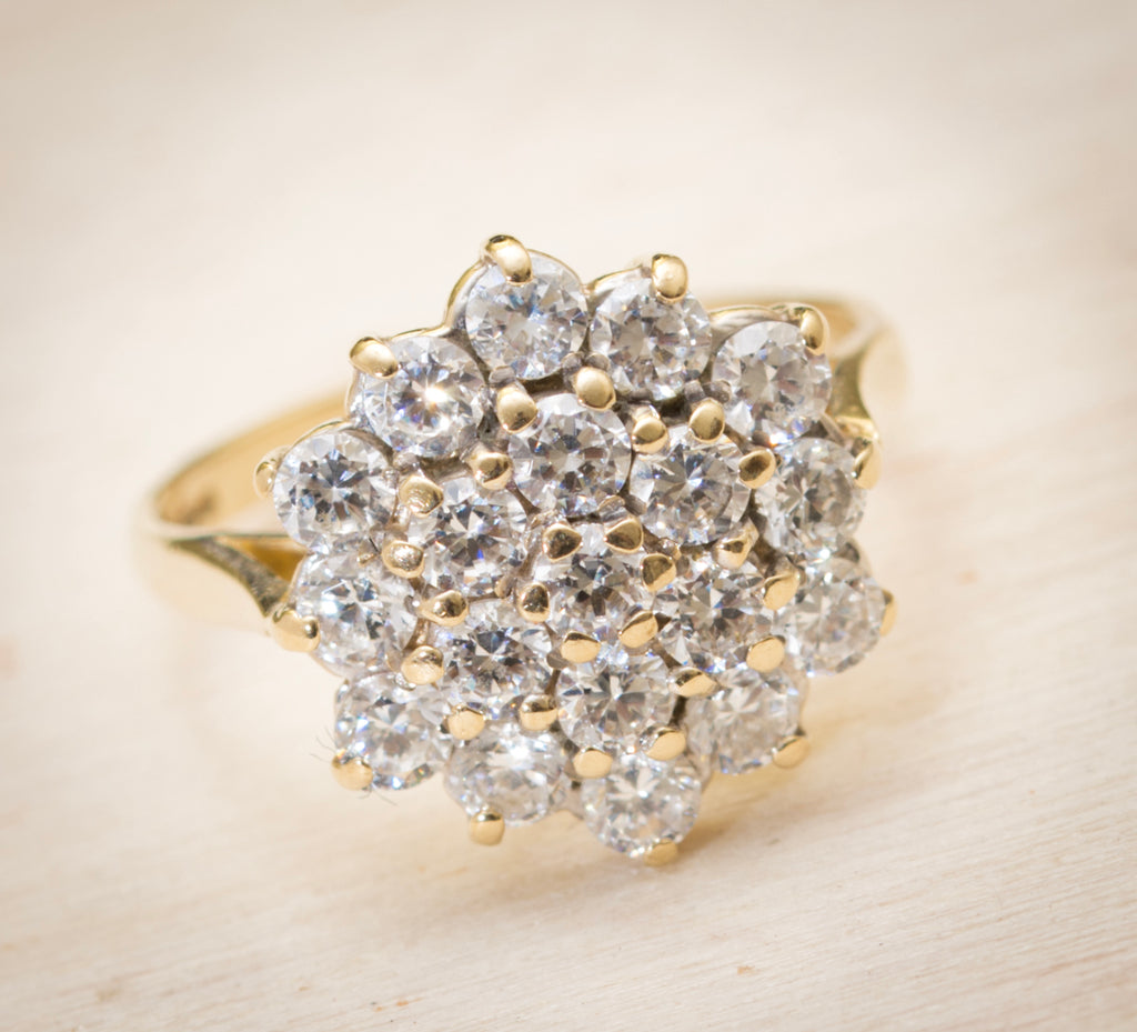 Vintage 9ct Yellow Gold Cluster Ring With CZ Gemstones Ladies UK Size I (A1986)