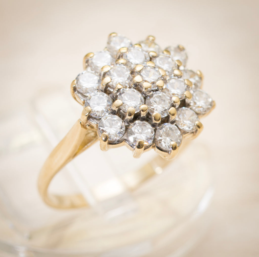Vintage 9ct Yellow Gold Cluster Ring With CZ Gemstones Ladies UK Size I (A1986)