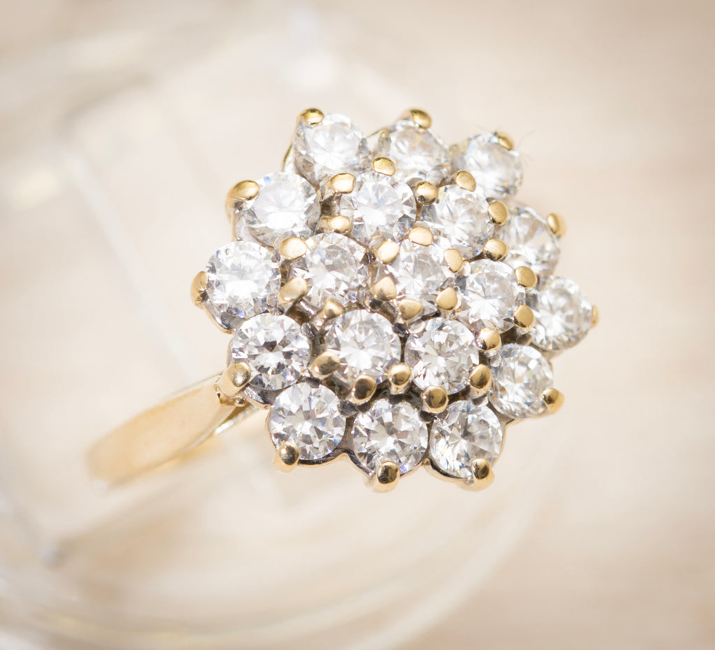 Vintage 9ct Yellow Gold Cluster Ring With CZ Gemstones Ladies UK Size I (A1986)