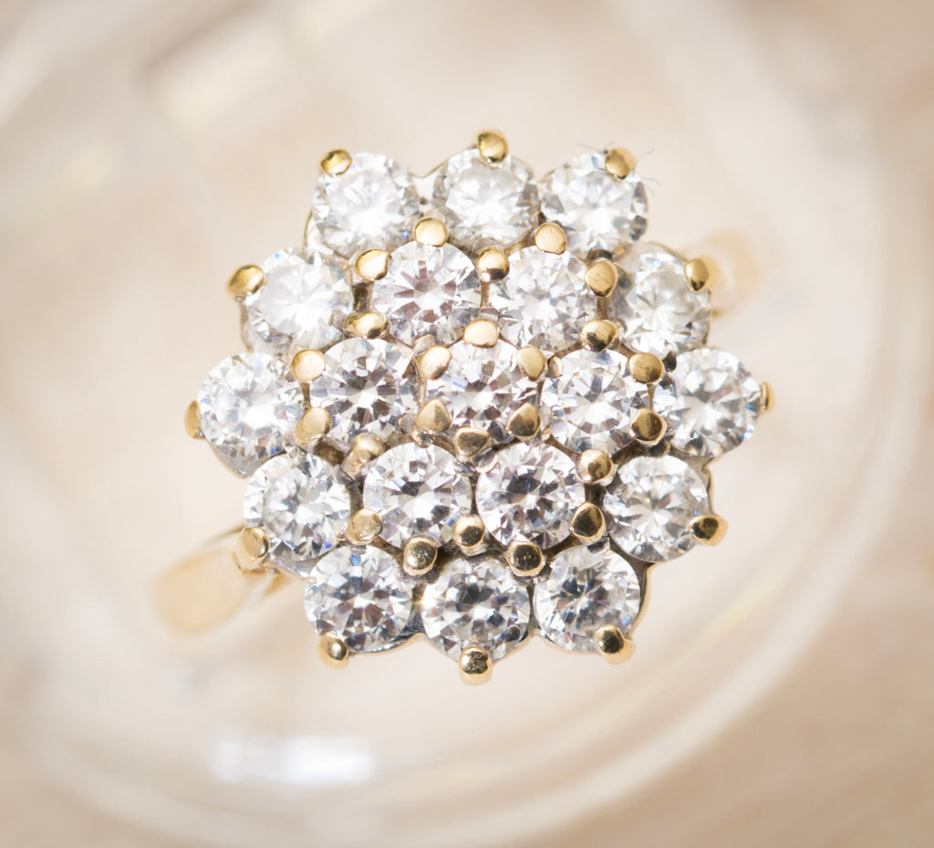 Vintage 9ct Yellow Gold Cluster Ring With CZ Gemstones Ladies UK Size I (A1986)