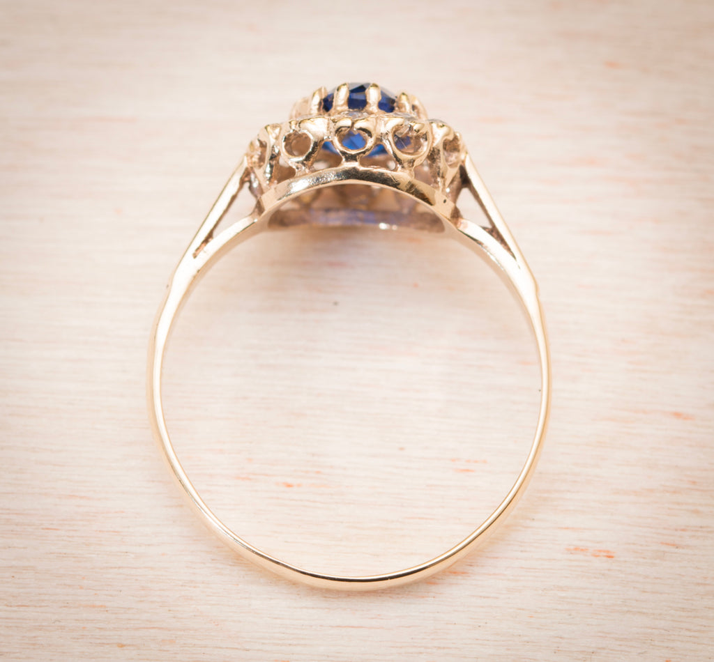Vintage 9ct Yellow Gold & Lab Created Blue Spinel Ring With Halo UK Size O1/2 (A1989)