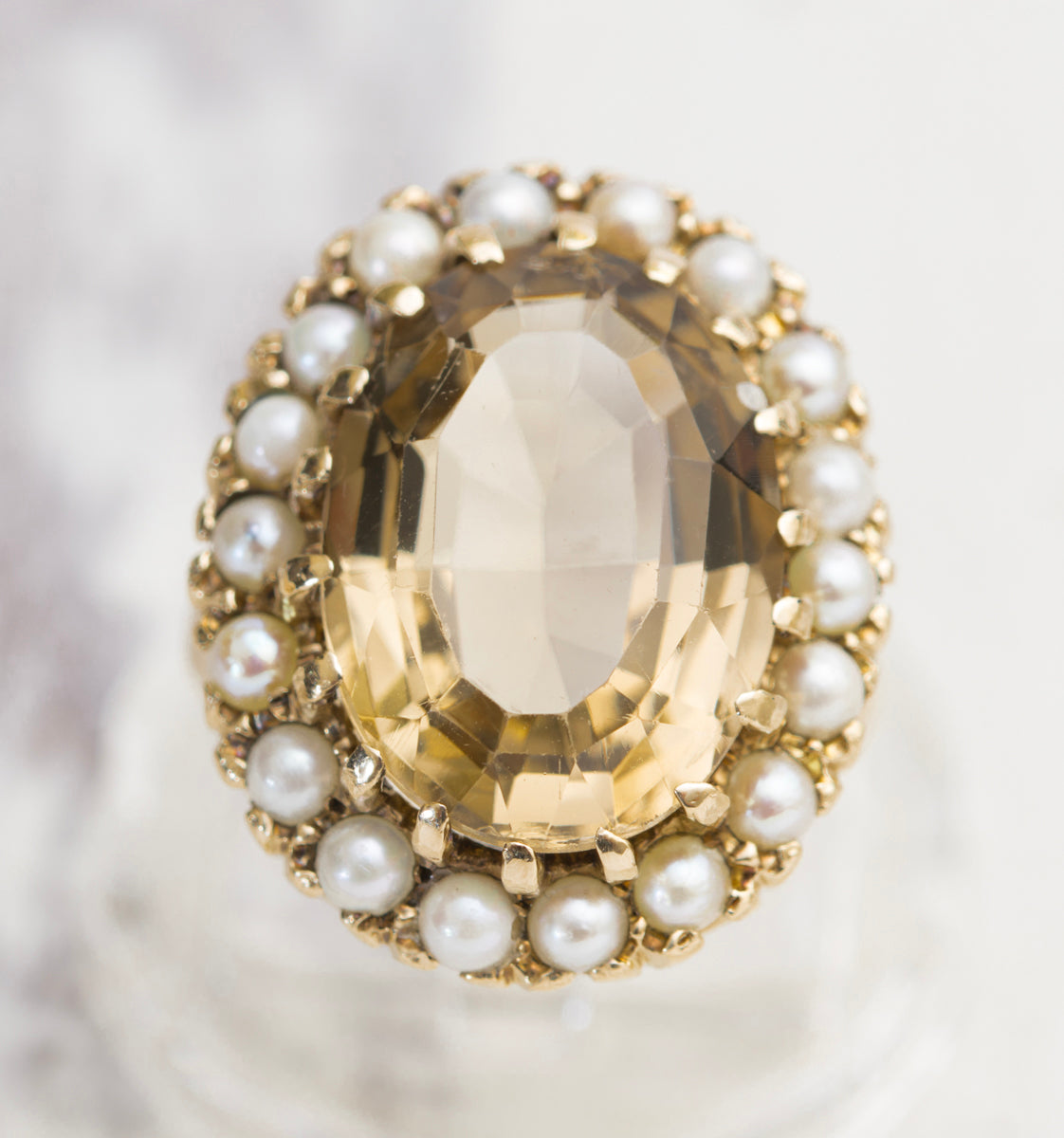 Vintage 9ct Yellow Gold 10 Carat Smoky Citrine & Cultured Pearl Dress Ring Size M (A2005)
